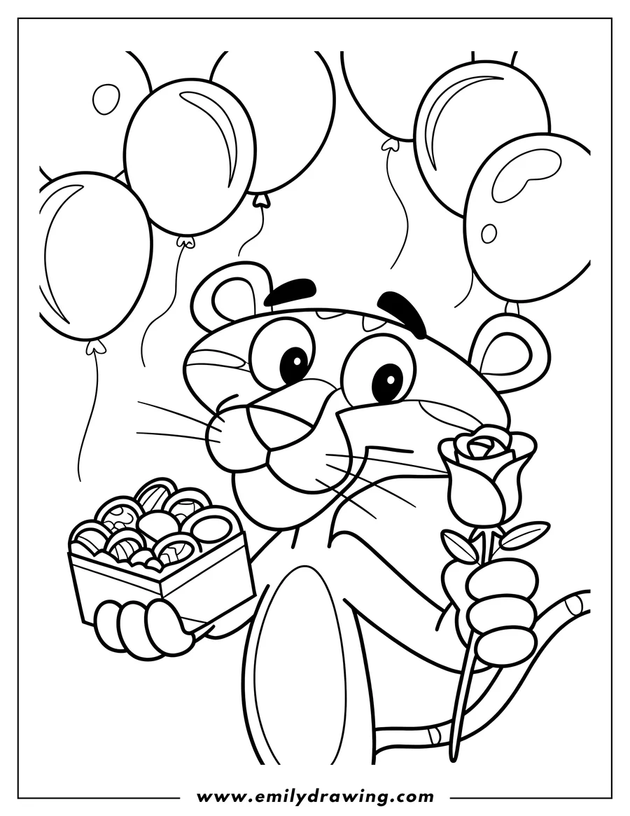 Line art of the Pink Panther holding a box of chocolates and a rose, with balloons floating in the background.