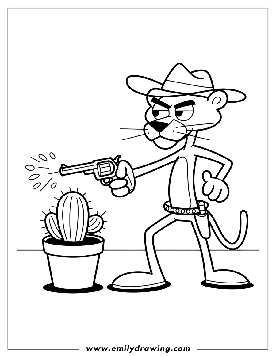 Line art of the Pink Panther, wearing a cowboy hat and holding a revolver, pointed towards a small cactus in a pot.