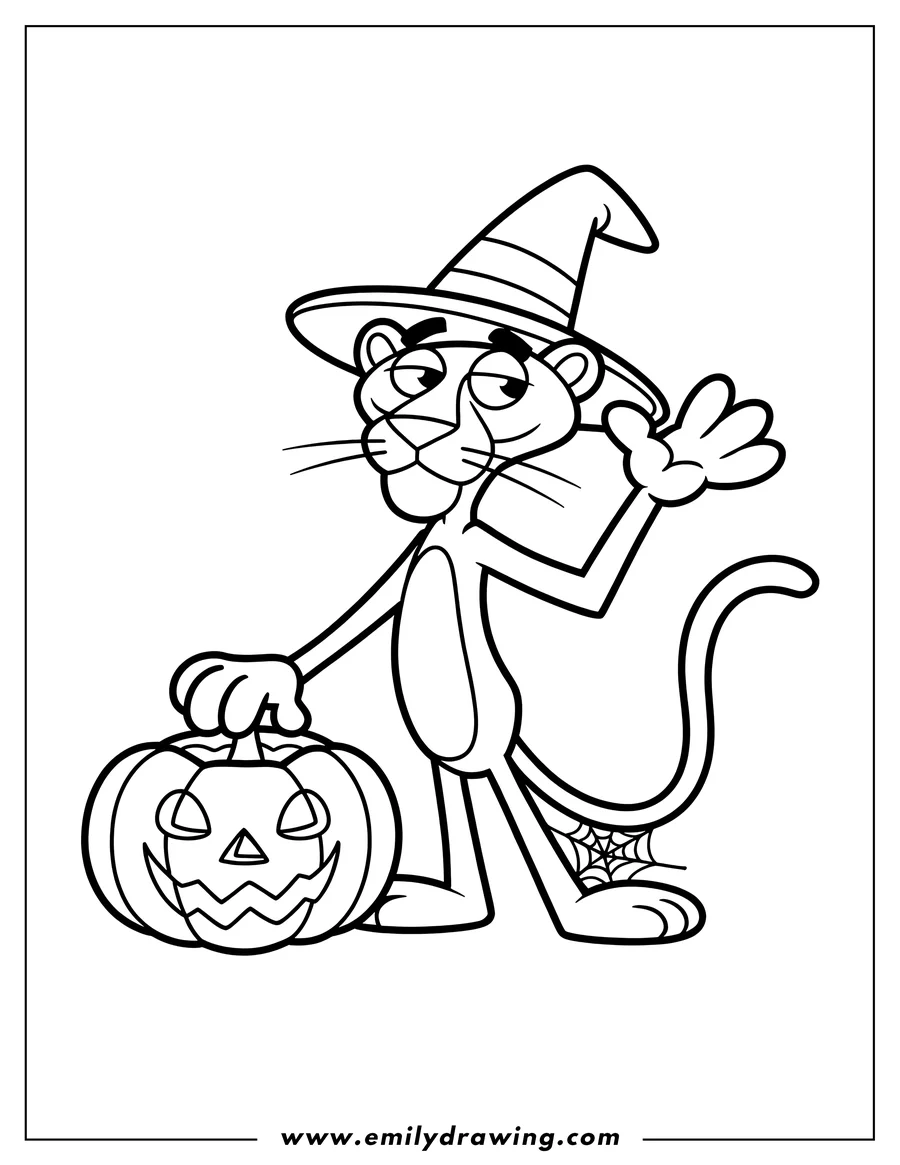 Line art of the Pink Panther wearing a witch's hat and holding a carved pumpkin for Halloween.