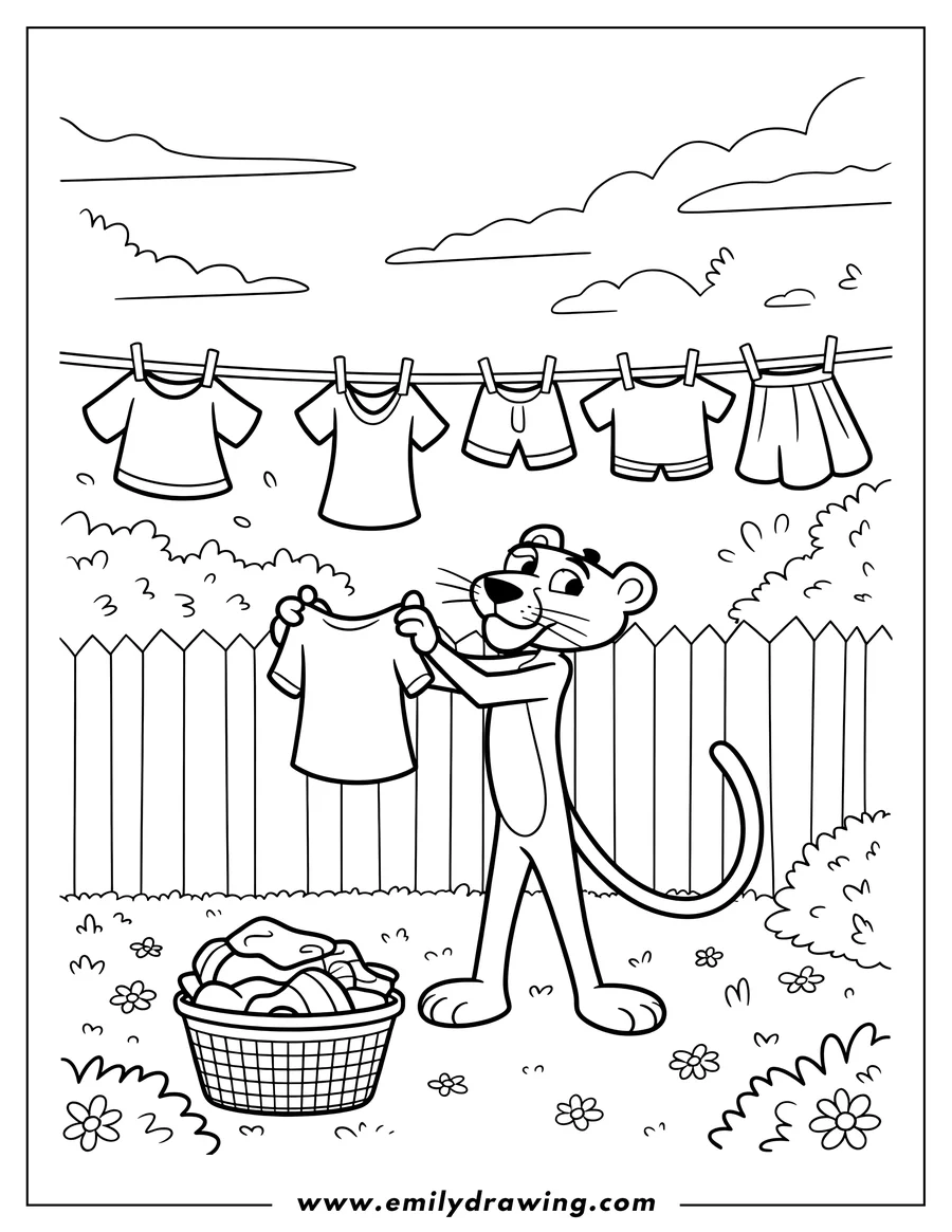 Line art of the Pink Panther hanging a shirt on a clothesline in a backyard. A laundry basket sits nearby.