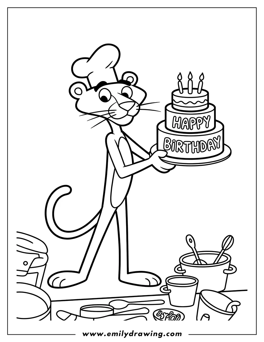 Line art of the Pink Panther wearing a chef's hat and holding a three-tiered birthday cake with candles. Various kitchen utensils are visible on the counter around him.