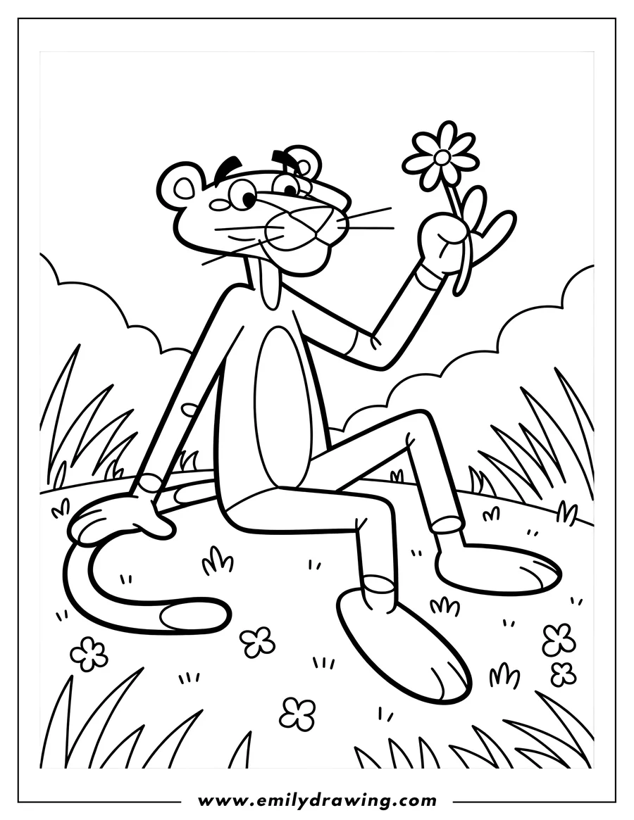 Line art of the Pink Panther sitting and holding a flower. Simple cartoon style, ideal for coloring.