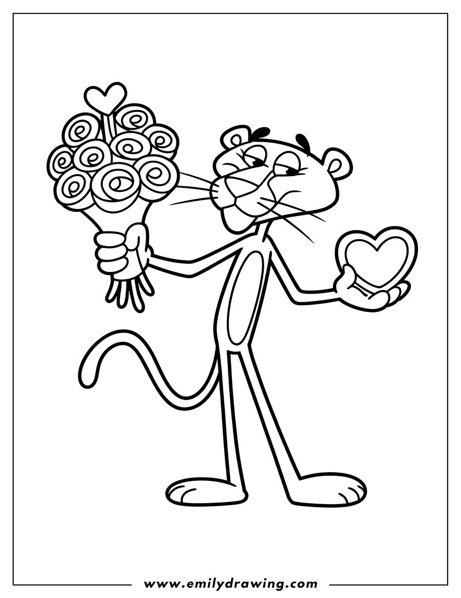 Line art of the Pink Panther holding a bouquet of flowers and a heart.