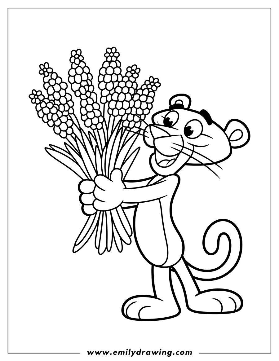 Line art of the Pink Panther holding a bouquet of flowers with large petals and long stems.