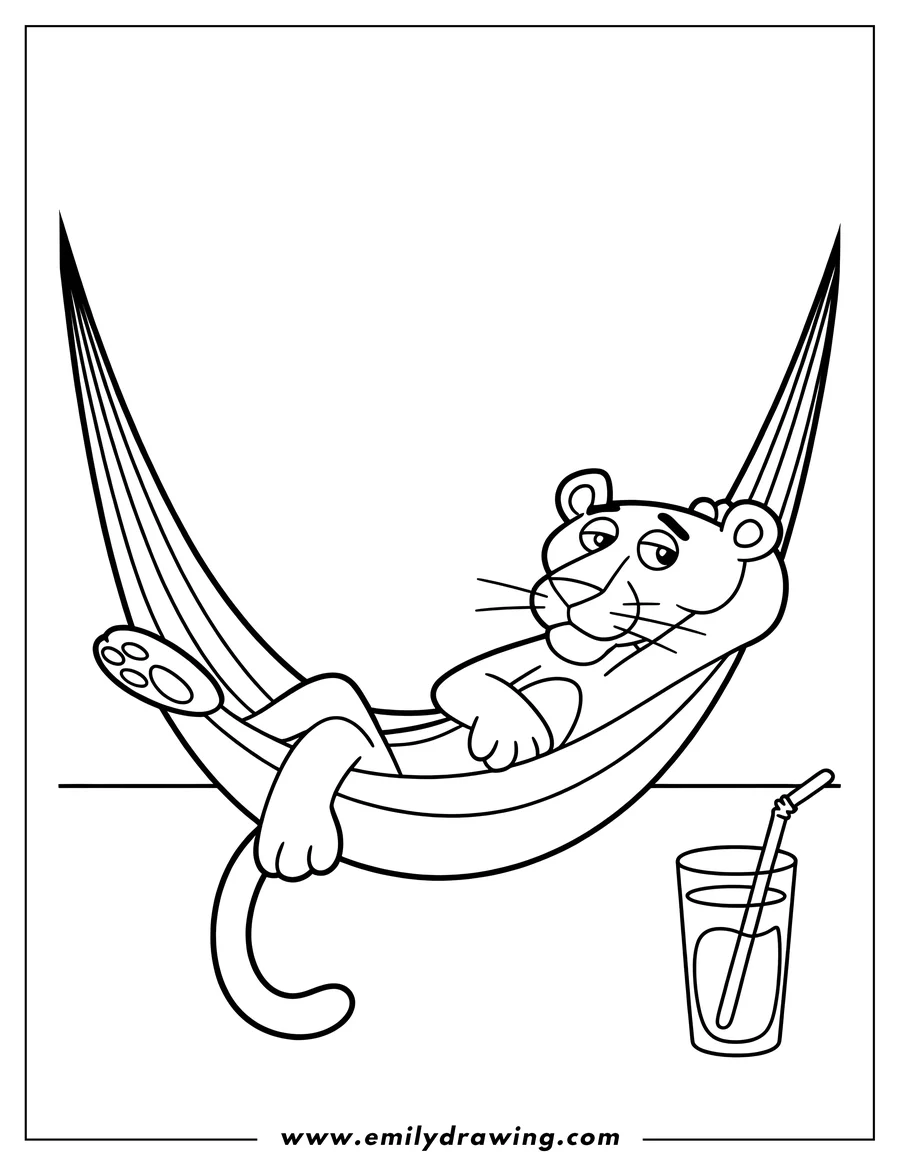 Line art of the Pink Panther relaxing in a hammock with a refreshing drink nearby.