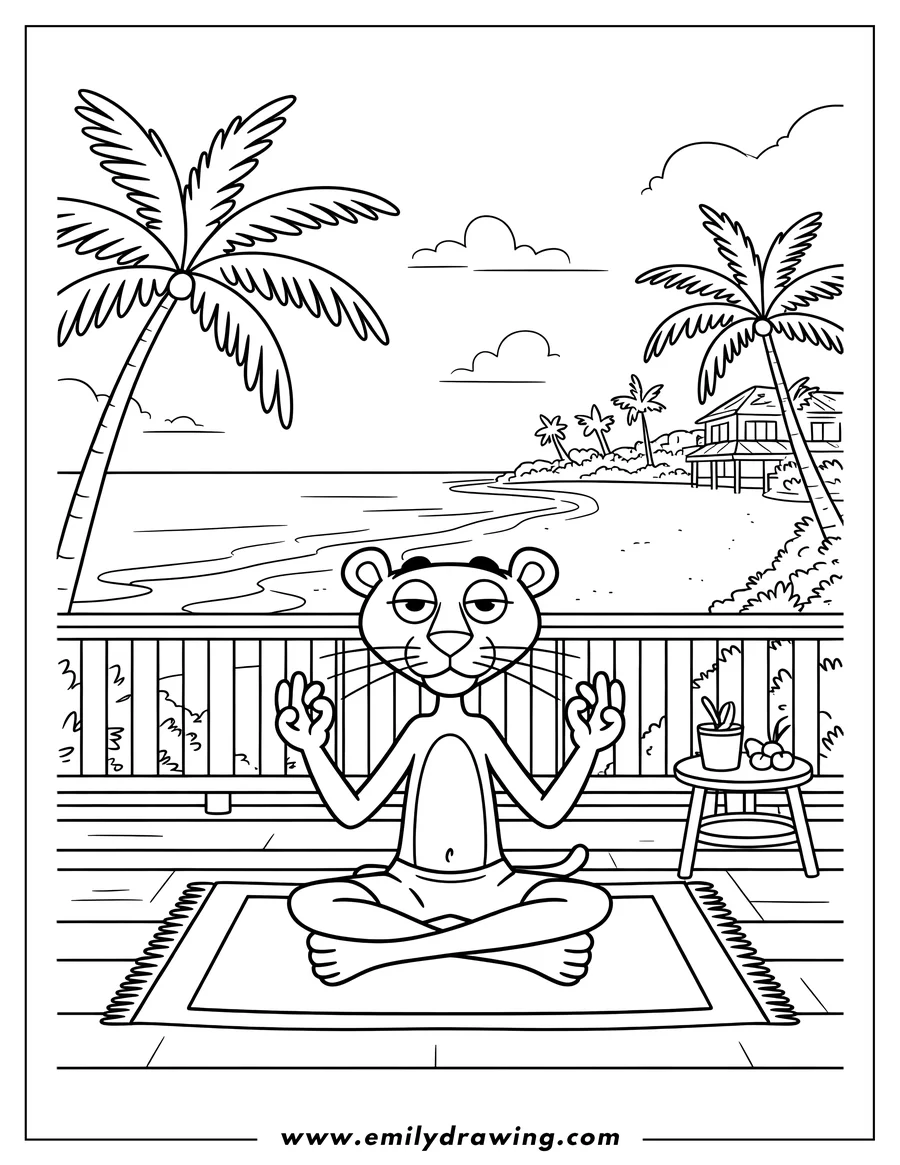 Line art of the Pink Panther meditating in a lotus position on a rug on a tropical porch overlooking a beach scene with palm trees and a house in the distance.