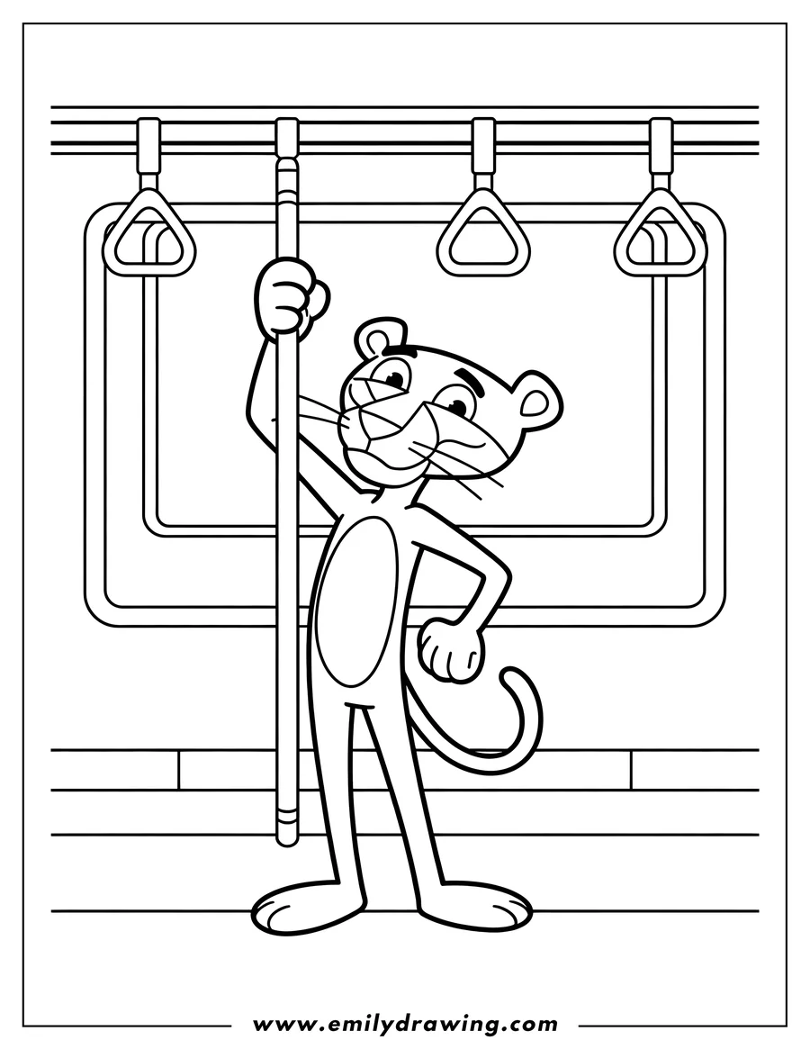 Line art of the Pink Panther standing on a train, holding onto a pole.