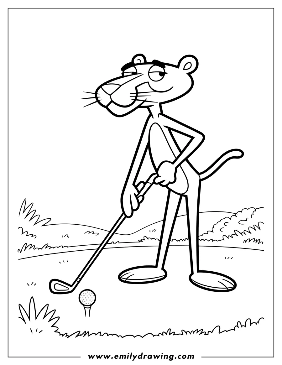 Line art of the Pink Panther playing golf. He's holding a golf club and getting ready to hit the ball on the green.