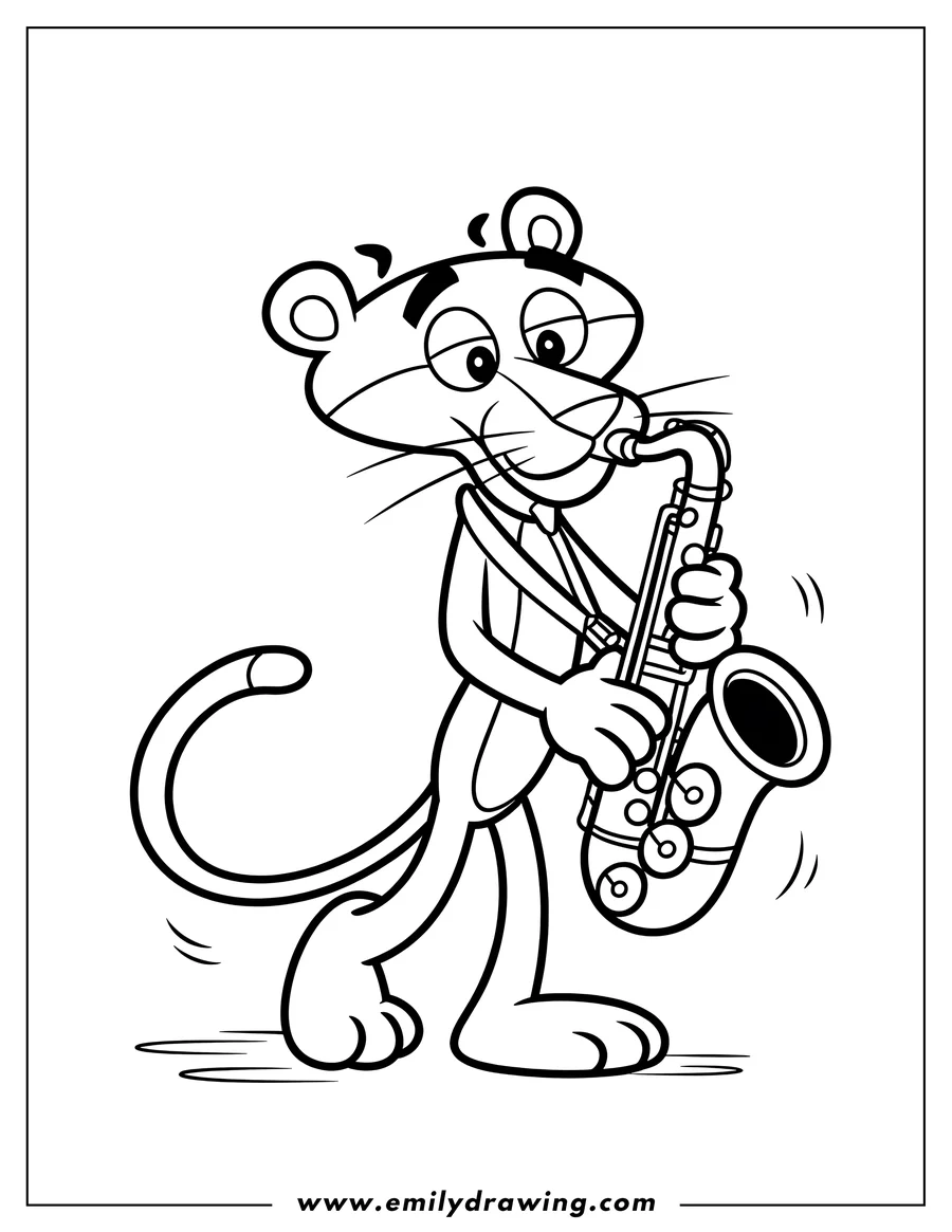 Line art of the Pink Panther playing a saxophone.