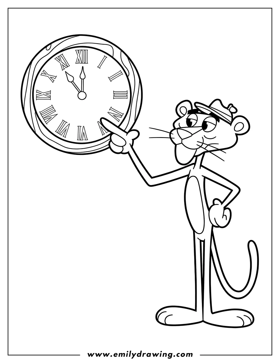Line art of the Pink Panther pointing at a clock with Roman numerals.