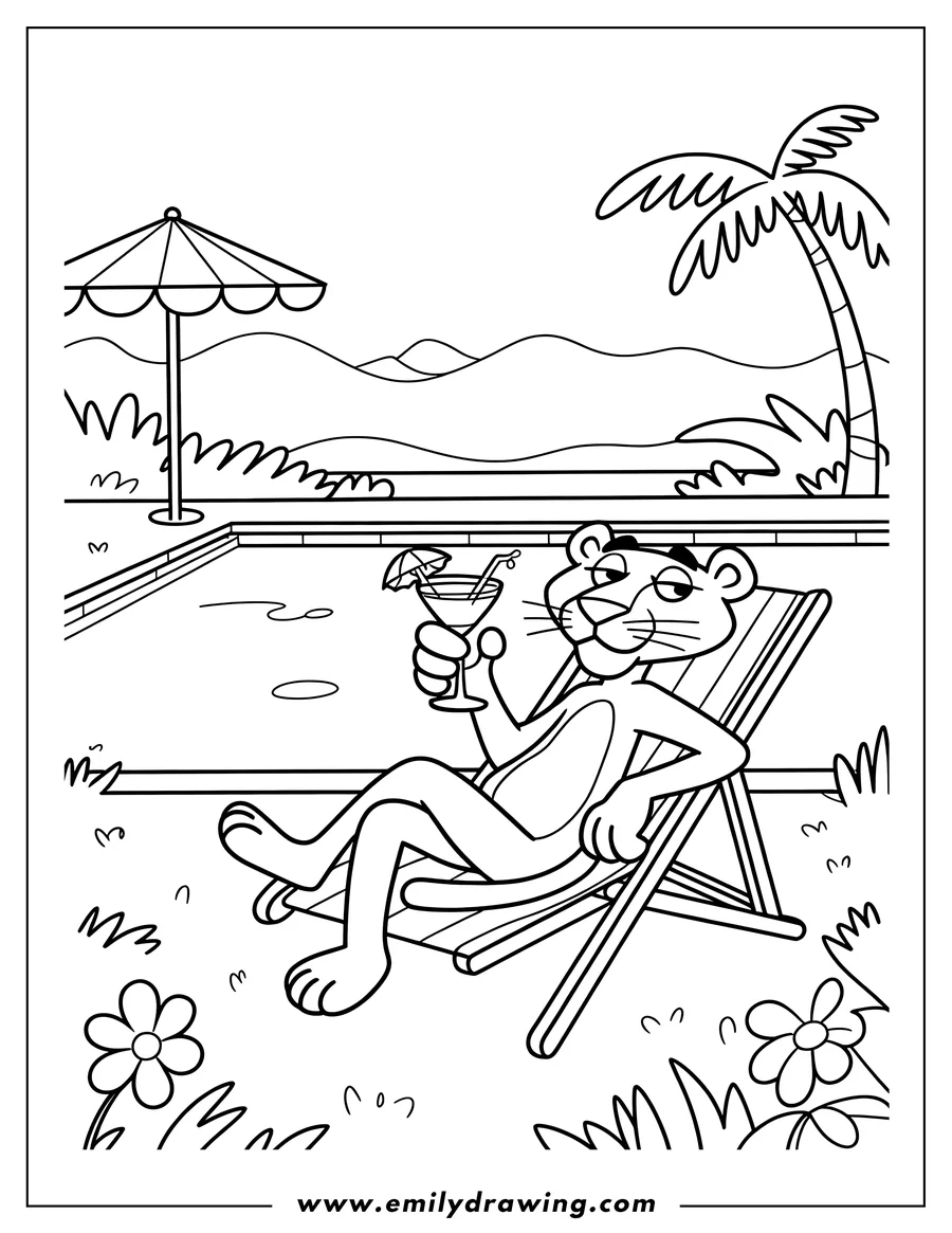 Line art of the Pink Panther relaxing in a lounge chair by a swimming pool with a drink in his hand. A parasol, palm tree, and flowers complete the scene.