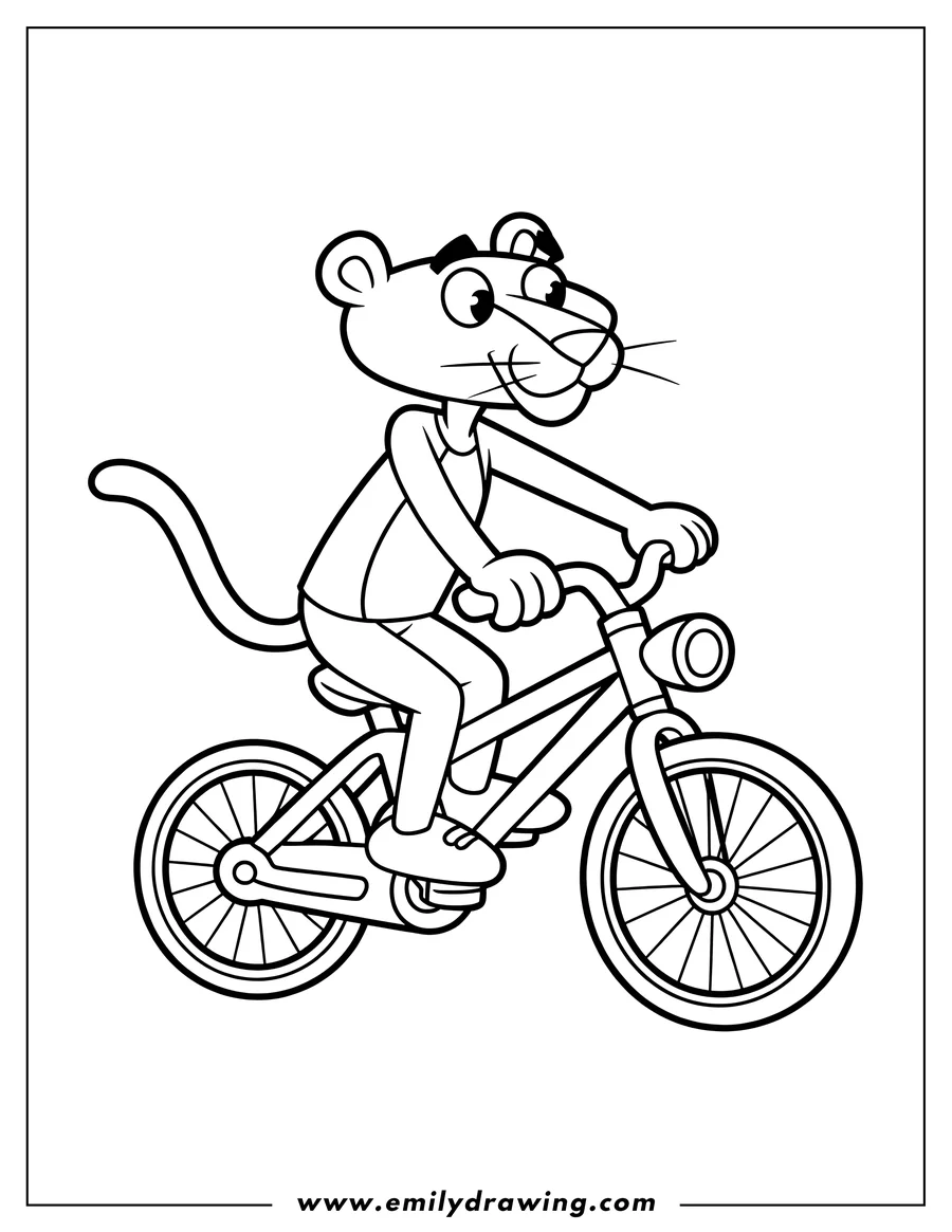 Line art of the Pink Panther riding a bicycle. He's wearing a shirt and pants, looking ahead as he pedals.