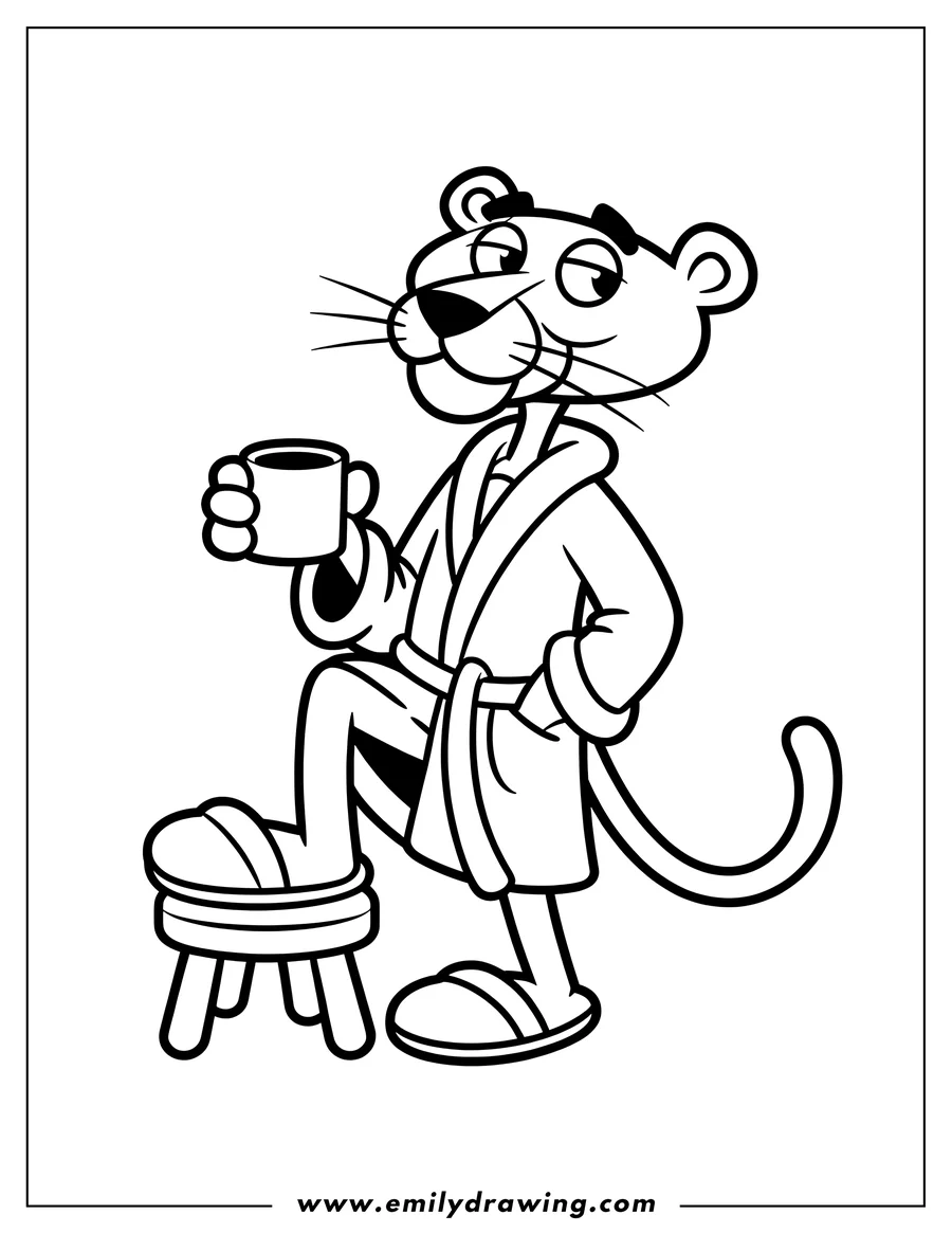 Line art of Pink Panther wearing a robe, resting one foot on a stool, and holding a coffee cup.