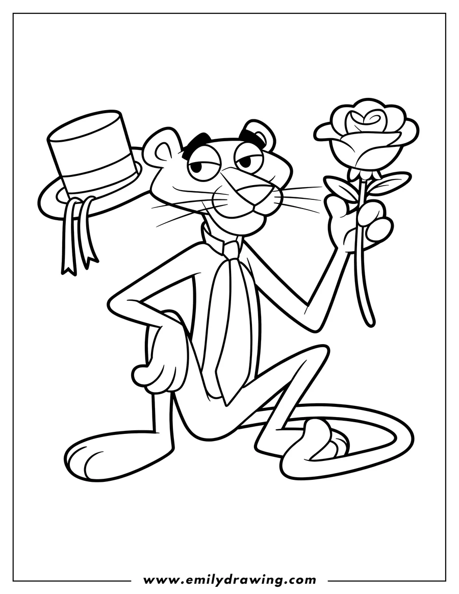 Line art of the Pink Panther holding a rose. He's wearing a top hat and a tie.