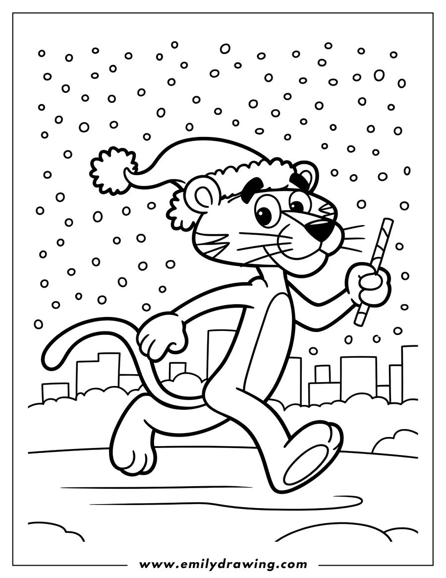 Line art of the Pink Panther wearing a Santa hat, walking through a snowy city while holding a candy cane.