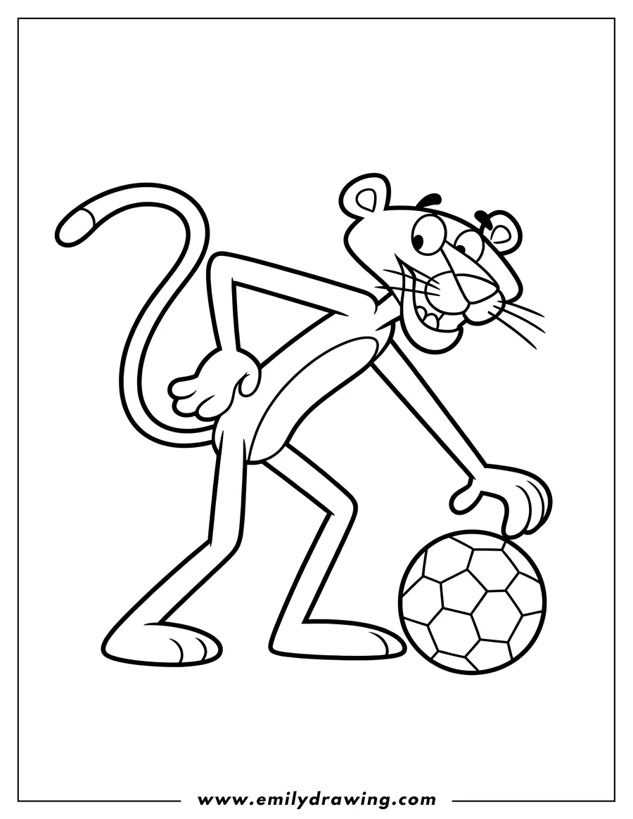 Line art of the Pink Panther with one hand on a soccer ball, ready to play.