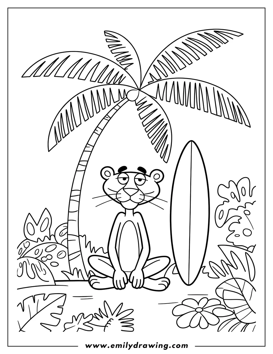 Line art of the Pink Panther sitting under a palm tree with his surfboard, ready to surf.