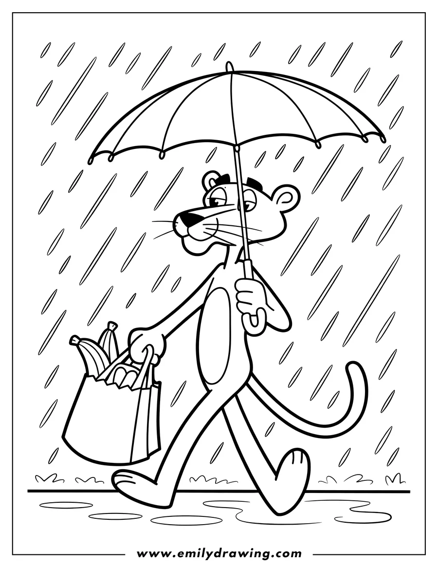 Line art of Pink Panther walking in the rain carrying an umbrella and a bag of groceries, including bananas.