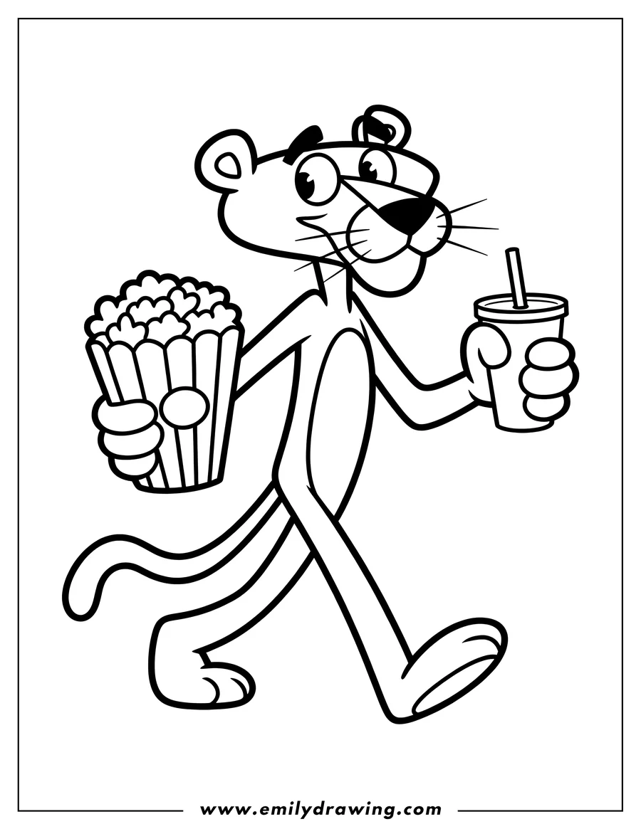 Line art of the Pink Panther walking while holding a container of popcorn and a drink with a straw.