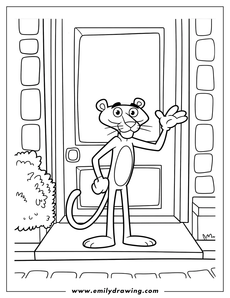 Line art of the Pink Panther waving, standing in front of a doorway.