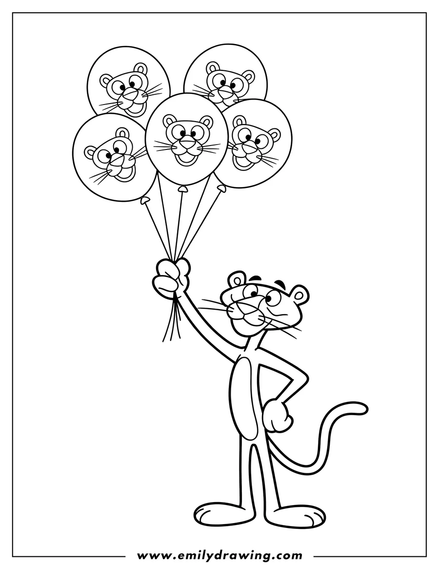 Line art of the Pink Panther holding a bunch of balloons, each with his face printed on it.
