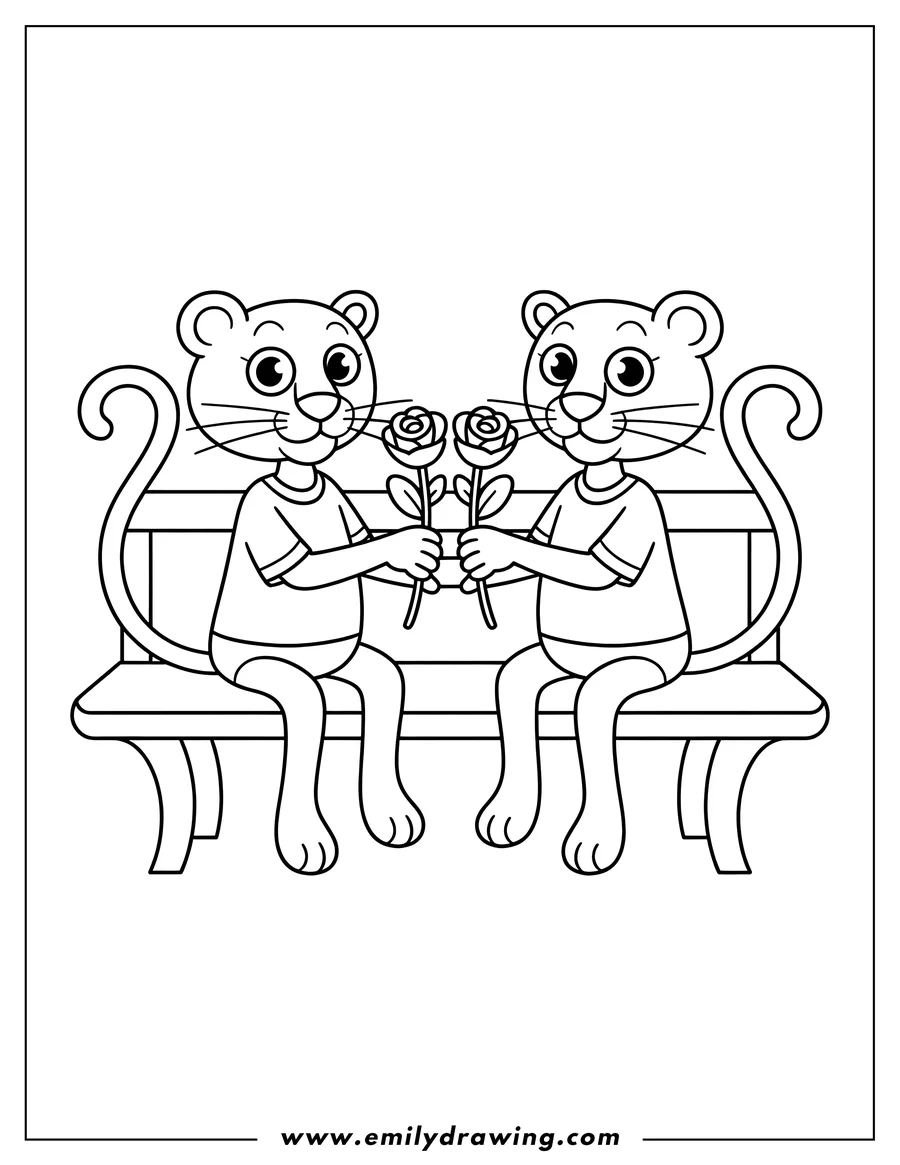 Line art of two Pink Panthers sitting on a bench, each holding a rose.