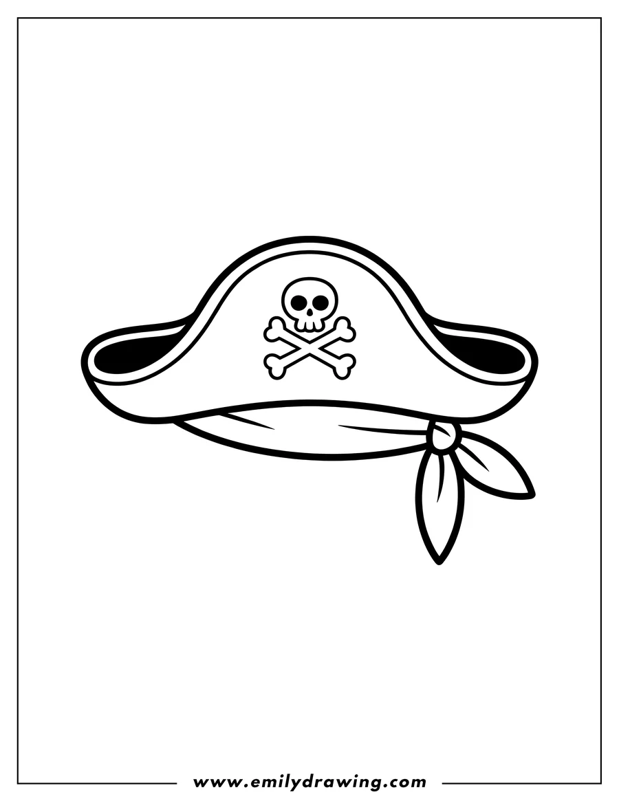 Outline of a pirate hat with a skull and crossbones emblem and a tied bandana.