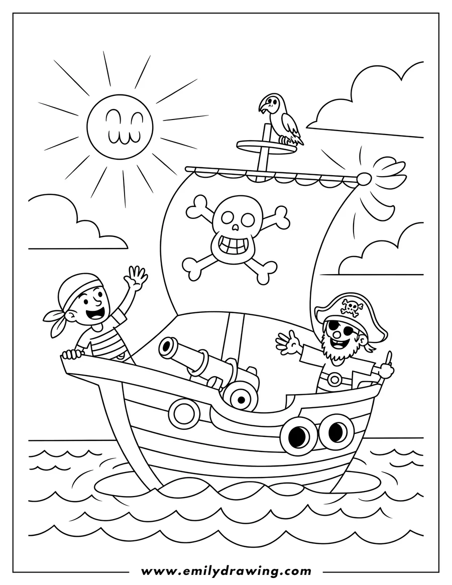 Line art of two cheerful pirates on a ship at sea. A parrot sits on the mast, and a skull-and-crossbones flag flaps in the breeze. A cannon is visible on deck, ready for adventure.