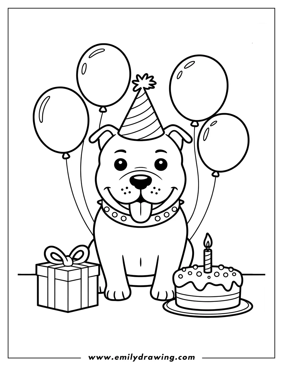 Outline drawing of a happy Pitbull sitting at its birthday party with balloons, cake, and a present. The dog is wearing a collar and a birthday hat.