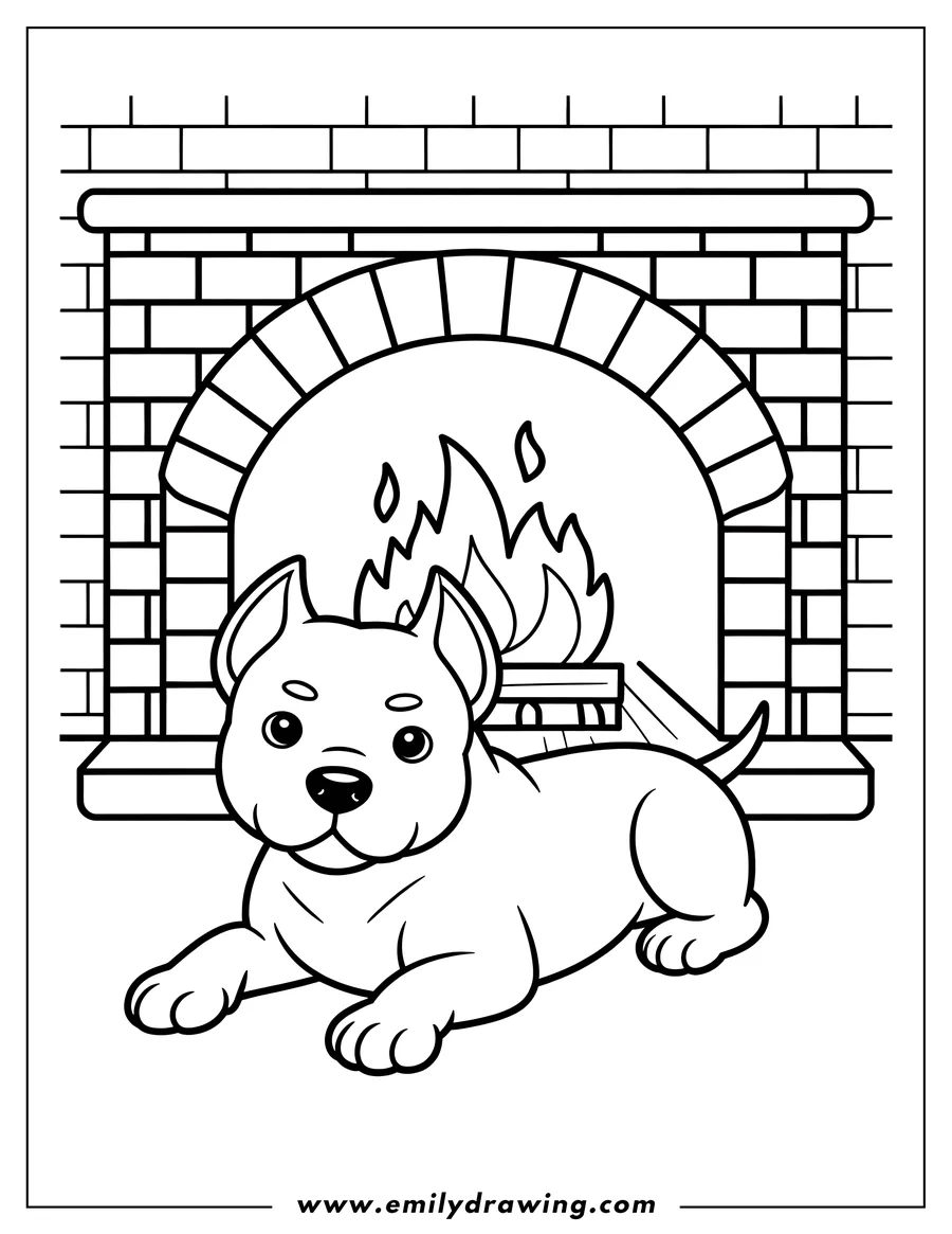 Outline of a Pitbull lying down in front of a brick fireplace with a fire burning.