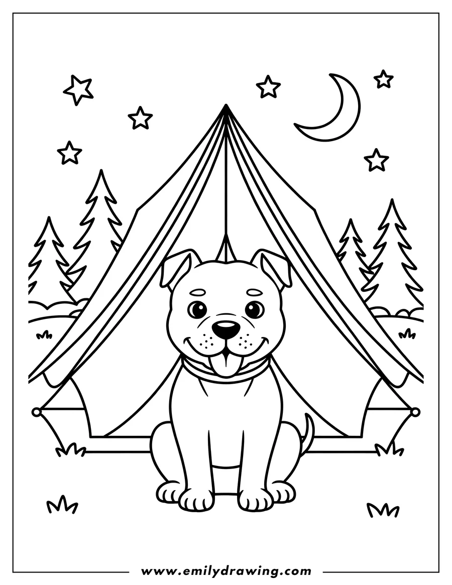 Outline of a pitbull sitting in front of a tent under a starry night sky.
