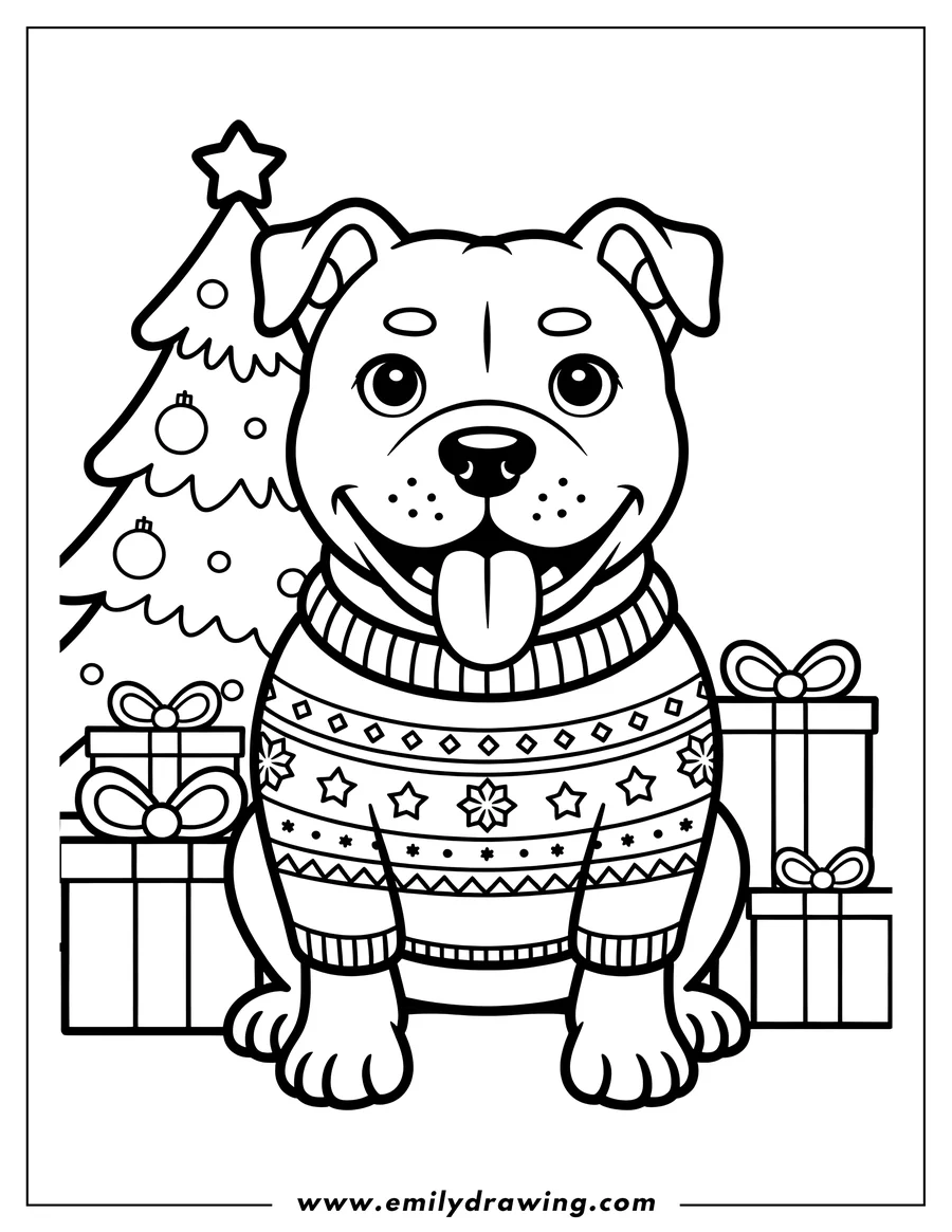 Outline of a Pitbull wearing a Christmas sweater, sitting near presents and a Christmas tree.