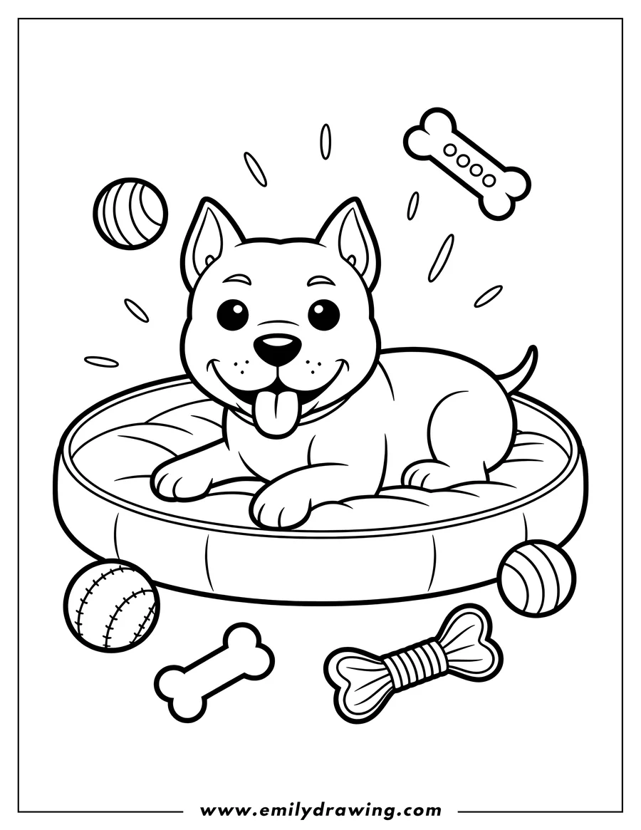 Outline of a Pitbull puppy resting in its dog bed, surrounded by toys like balls and bones.