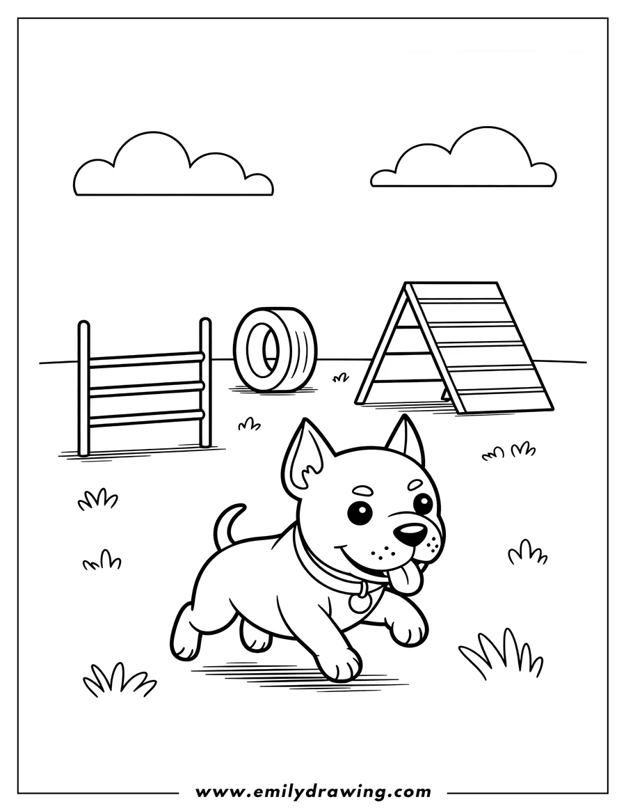 Outline of a pitbull running in a dog park with agility equipment like a tire, A-frame, and hurdle.