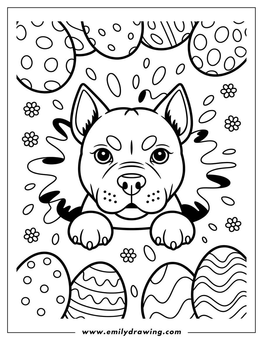 Line art of a Pitbull surrounded by decorated Easter eggs.  Small flowers and circles decorate the background.