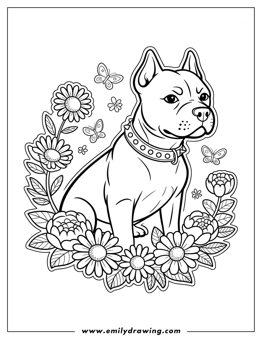 Outline of a pitbull sitting surrounded by a wreath of flowers and butterflies.