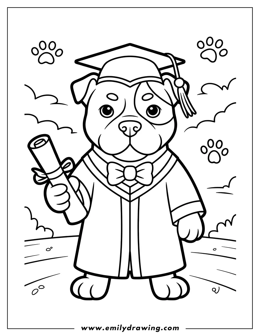 Line art of a Pitbull wearing a graduation cap and gown, holding a diploma.