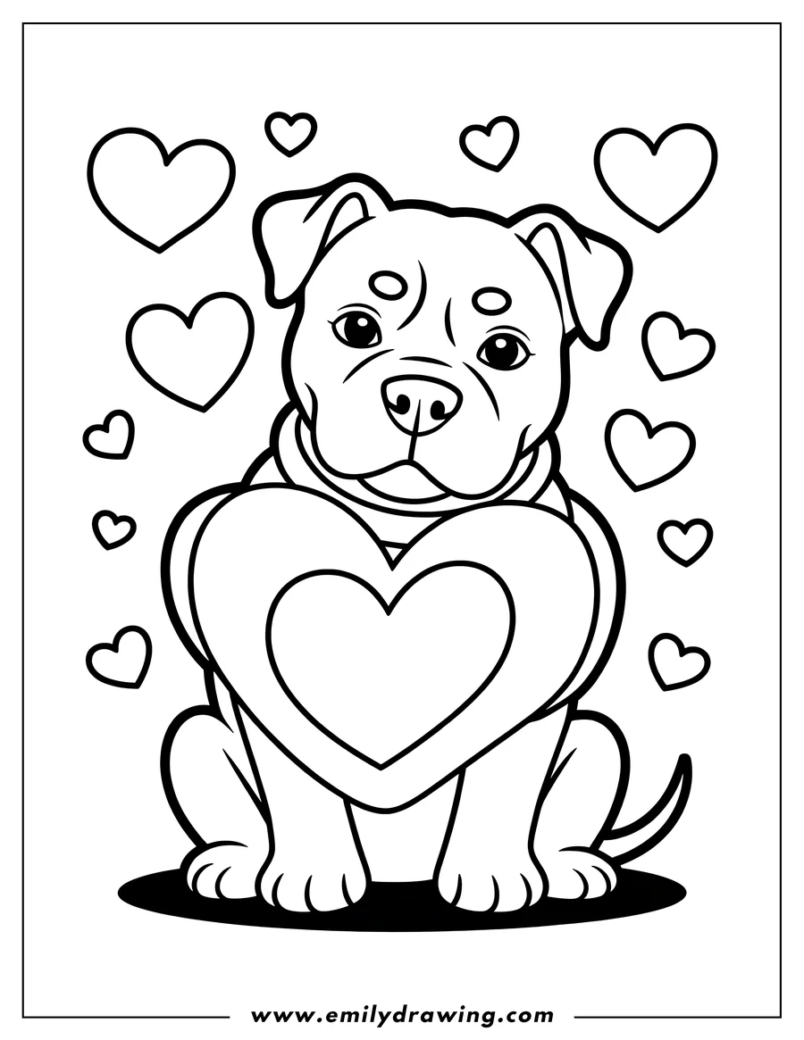 Outline of a pitbull holding a large heart, surrounded by smaller hearts.