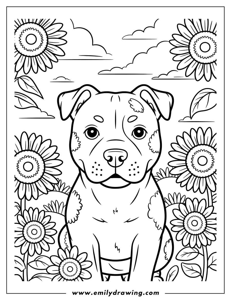 Outline of a Pitbull puppy sitting in a field of sunflowers.