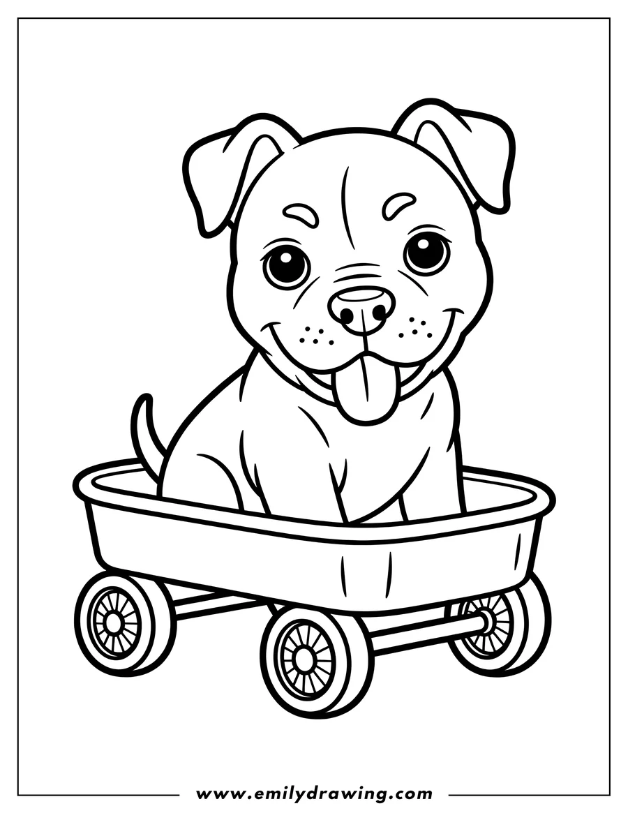 Outline of a Pitbull puppy sitting in a wagon with a happy expression and its tongue sticking out.
