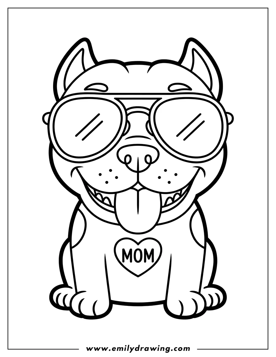 Outline of a pitbull wearing sunglasses and a heart-shaped pendant that says 