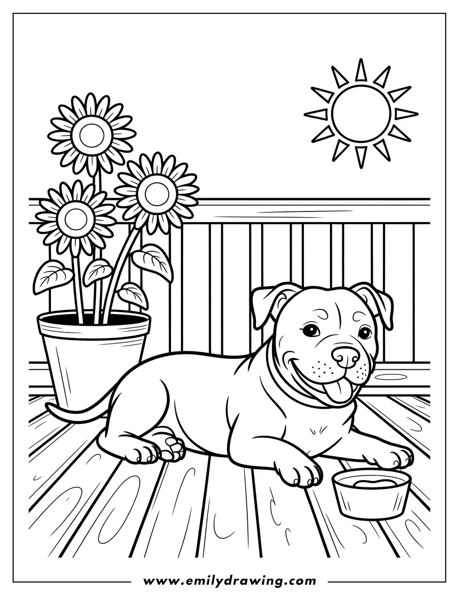 Line art of a Pitbull relaxing on a wooden deck with a bowl of water. Sunflowers in a pot and sunshine are visible in the background.