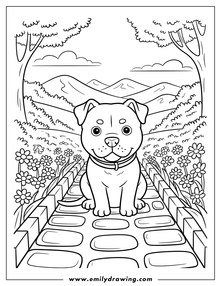 Outline of a Pitbull sitting on a garden path with flowers on either side. Mountains are in the background.