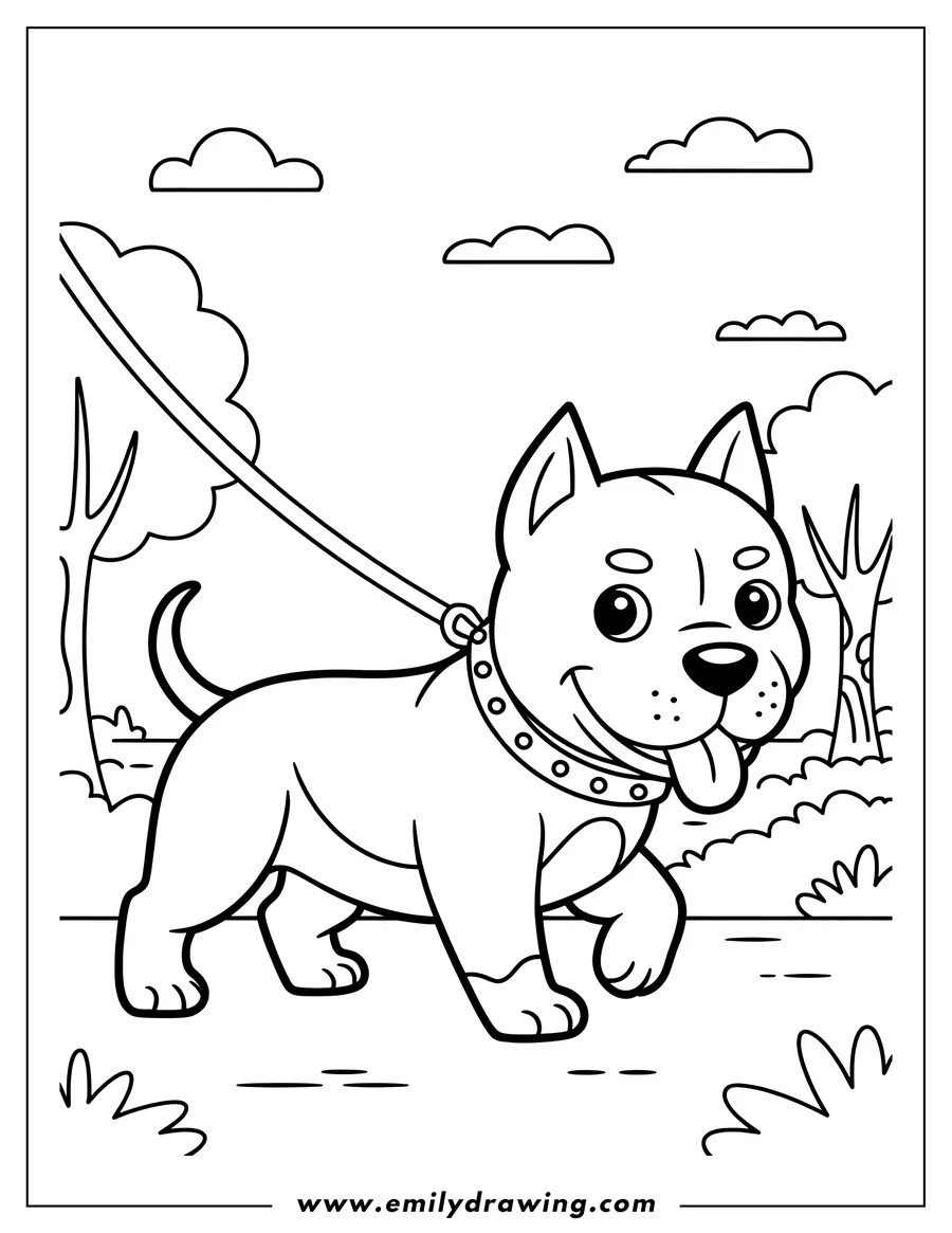 Outline of a pitbull on a leash, walking in a park setting with trees and bushes.
