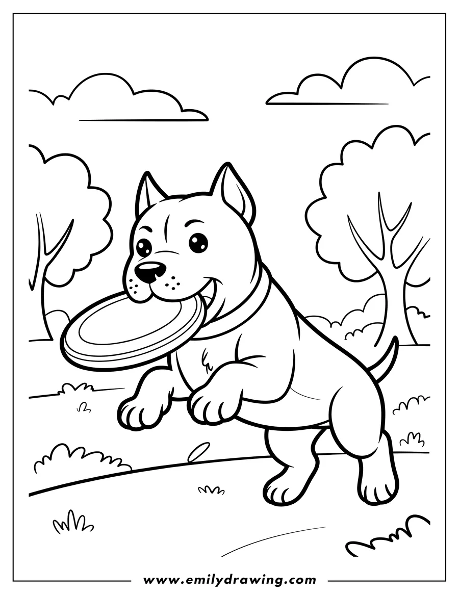 Outline of a pitbull playing frisbee in a park. It's holding the frisbee in its mouth, ready to catch it.