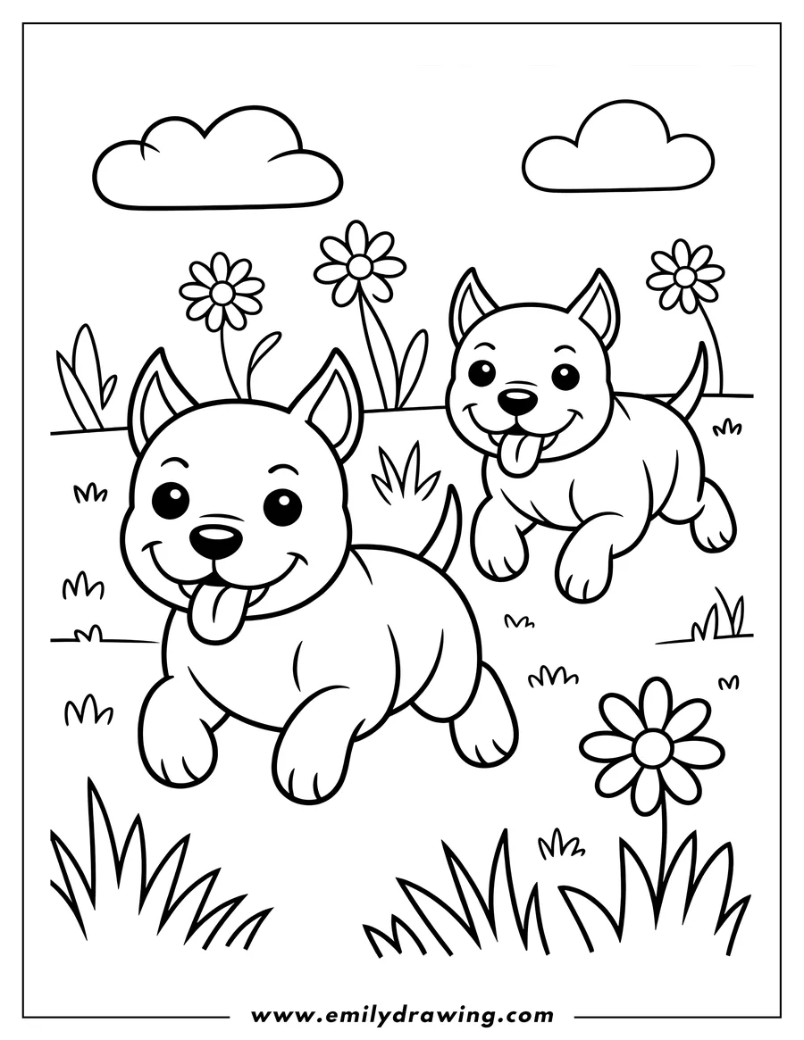 Two playful pitbull puppies running in a field with daisies and grass. Perfect for a cheerful coloring activity.
