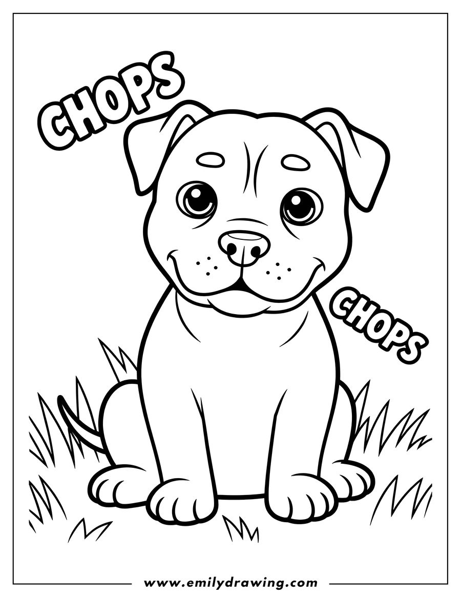 Outline of a pitbull puppy sitting in the grass.