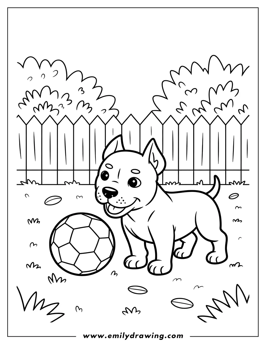 Outline of a Pitbull puppy standing near a soccer ball in a fenced yard.