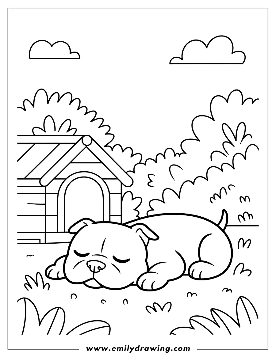 Outline of a pitbull puppy sleeping peacefully near its doghouse in a grassy yard.