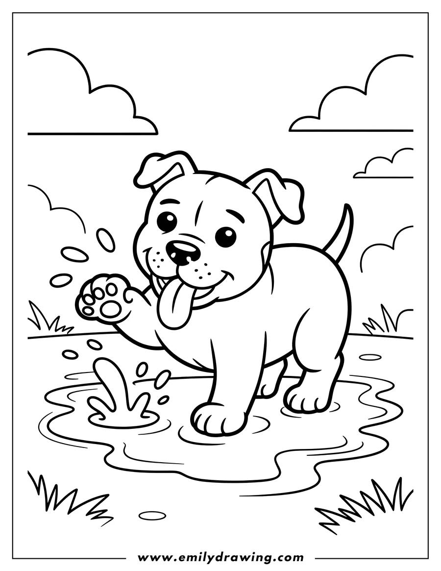 Outline of a playful pitbull puppy stepping into a puddle, lifting one paw and splashing water. The dog has its tongue out happily.